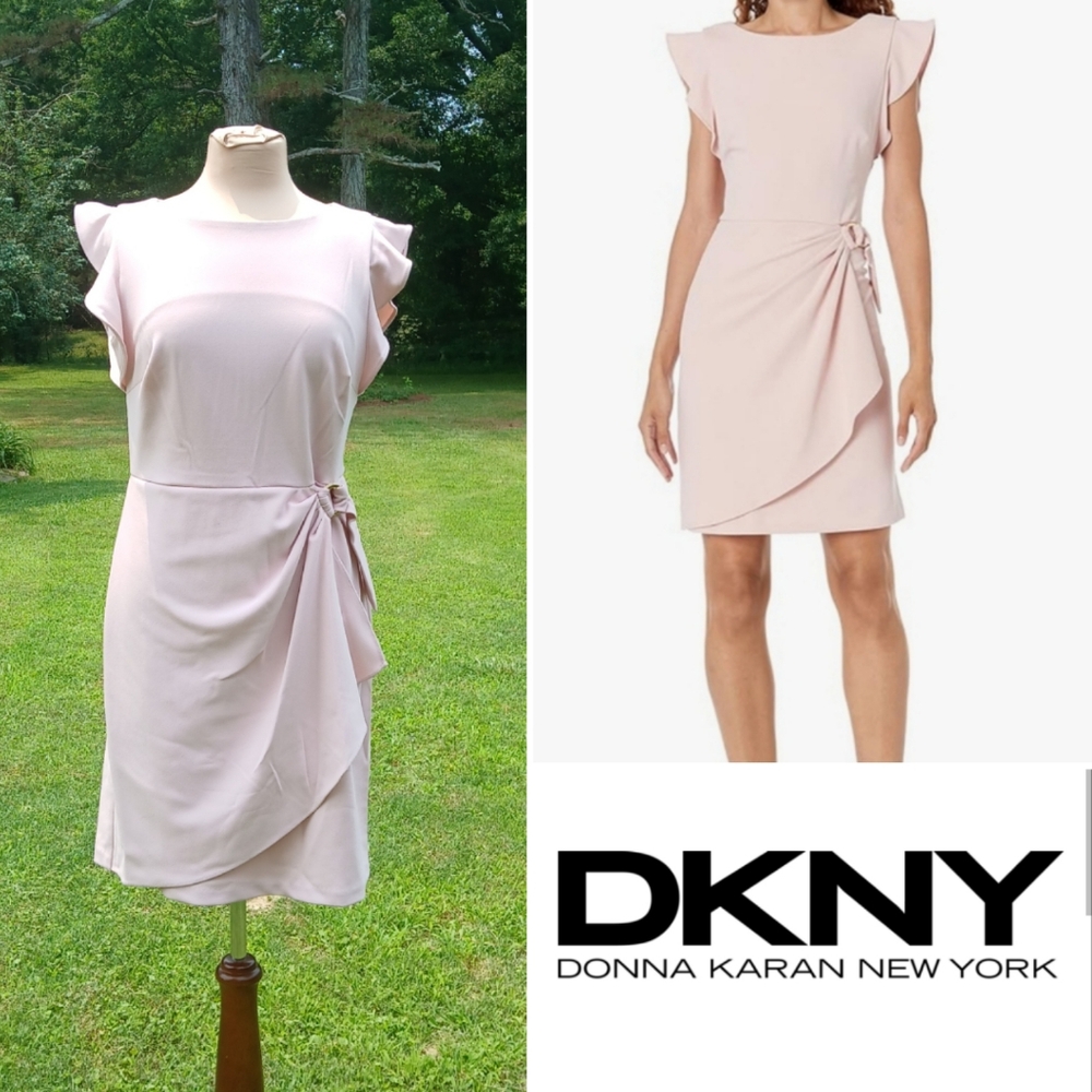 DKNY Flutter Sleeve Faux Wrap Dress With Hardware , Blush Pink